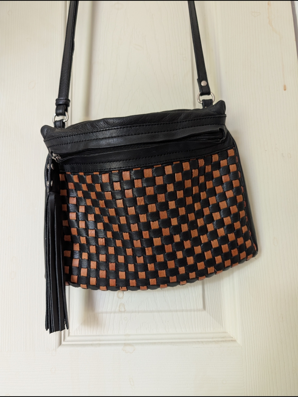 Valentina Black & Brown Woven Italian Leather Crossbody Bag with tassel